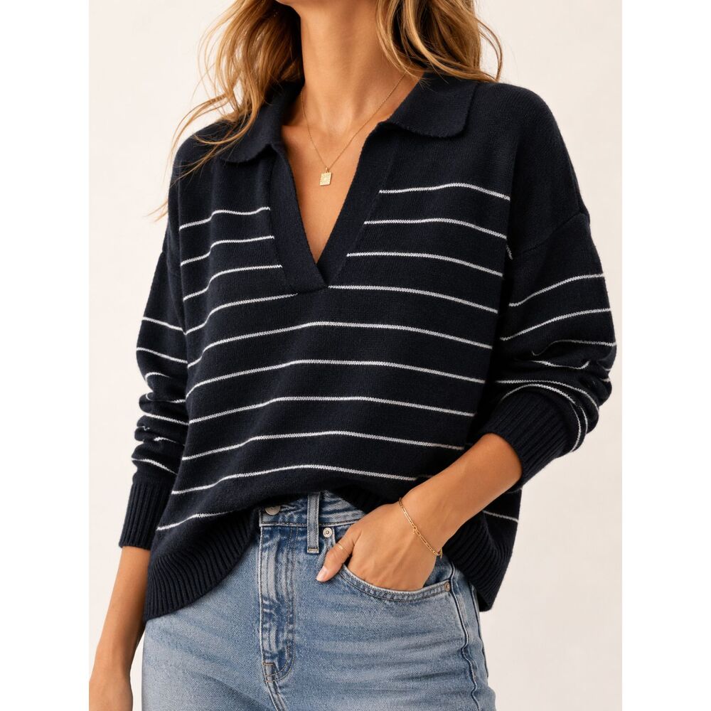 Thread & Supply Black White Striped Collared Sweater 2X Plus Preppy Coastal - Picture 1 of 8
